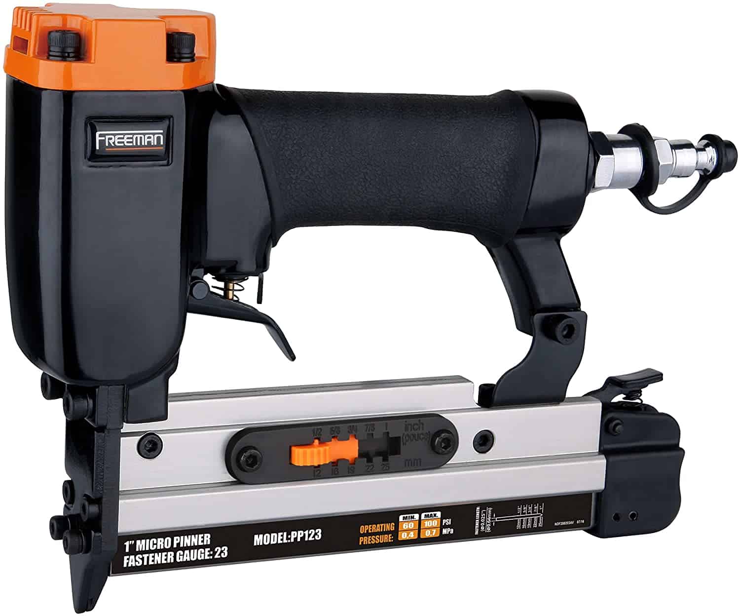 Freeman PP123 Pneumatic 23-Gauge 1 Micro Pinner Ergonomic and Lightweight Nail Gun with Safety Trigger and Pin Size Selector