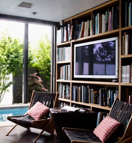 plywood bookcase around flat screen tv